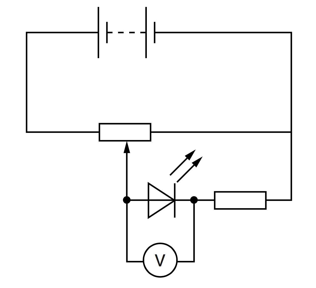 Circuit with a potentiometer, an LED and a voltmeter